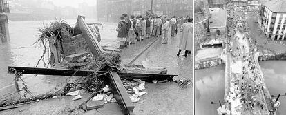 Dos imágenes de las inundaciones que sufrió Bilbao en agosto de 1983, ambas de dos puentes emblemáticos de la ciudad: el de la Merced (izquierda) y el de San Antón. Los dos se ubican en el Casco Viejo, una de las zonas más afectadas por la crecida que experimentó la Ría.