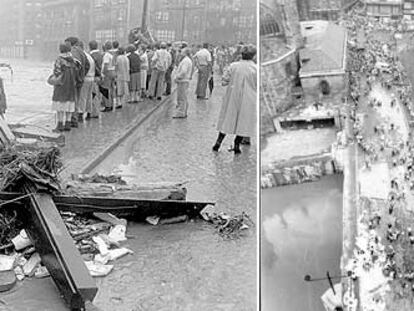 Dos imágenes de las inundaciones que sufrió Bilbao en agosto de 1983, ambas de dos puentes emblemáticos de la ciudad: el de la Merced (izquierda) y el de San Antón. Los dos se ubican en el Casco Viejo, una de las zonas más afectadas por la crecida que experimentó la Ría.