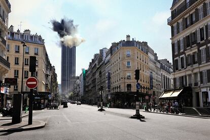 El fotógrafo hace saltar por los aires una de los edificios mastodónticos de la capital francesa (Montaje de Paul Biota).