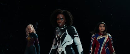 The three protagonists of 'The Marvels' (2023) in a still from the movie.