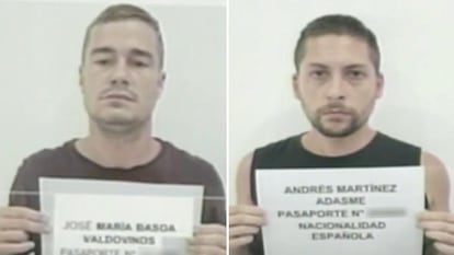 Screenshot of a broadcast by the public television channel Venezolana de Televisión (VTV), showing Spanish citizens José María Basoa and Andrés Martínez Adasne holding a sheet with their identification data, in Caracas (Venezuela).