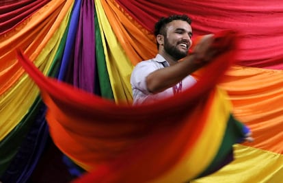 El Tribunal Supremo de la India ha fallado que el sexo entre homosexuales ya no es una ofensa criminal en el país. Un chico celebra la sentencia en Bombay (India).