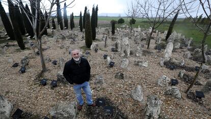 Carlos Sanz, en la necrópolis de Pintia, junto a estelas de enterramientos vacceos,  en marzo de 2020.