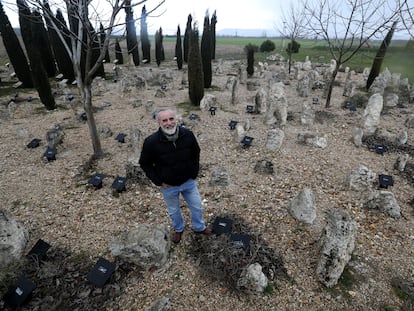 Carlos Sanz, en la necrópolis de Pintia, junto a estelas de enterramientos vacceos,  en marzo de 2020.
