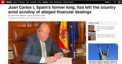 Fuera de España, pero a disposición de la Fiscalía, de ser necesario. La cadena CNN se centra en que la decisión de Juan Carlos I de abandonar el país no significa que las investigaciones contra él se paren.