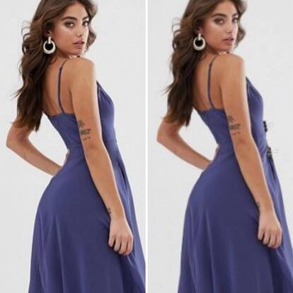 A la izquierda, el vestido de ASOS, tal y como está en su web. A la derecha, el vestido con las pinzas.