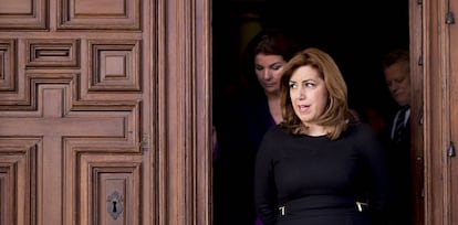 La presidenta de la Junta de Andaluc&iacute;a, Susana D&iacute;az tras visitar la exposici&oacute;n &quot;Vel&aacute;zquez, Murillo, Sevilla&quot; en el Hospital de los Venerables. 