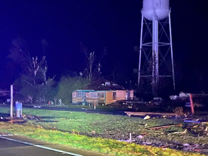 A damaged building following a tornado in Silver City, Mississippi, in a picture obtained from social media.