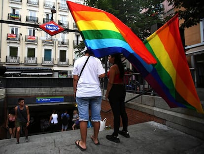 A rainbow flag is flown in Madrid's Chueca neighborhood in a file photo from 2019.