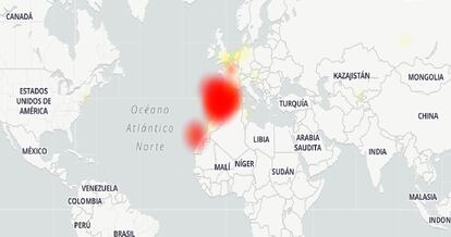 Mapa donde puede apreciarse la caída del servicio de Facebook hacia las 14.45.