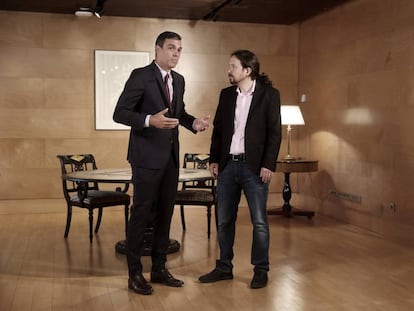 El secretario general y presidente del Gobierno en funciones, Pedro Sánchez, se reune con el líder de Unidas Podemos, Pablo Iglesias, para intentar llegar a un acuerdo de investidura, el pasado 9 de julio.