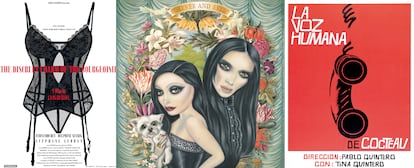De izquierda a derecha, ‘The Bitter Tears of Petra von Kant’, la invitación de boda de Alaska y Vaquerizo, y ‘La Voz Humana de Cocteal’, tres carteles diseñados por Gatti.
