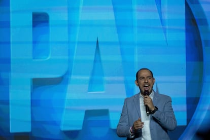 Marko Cortés, presidente nacional del PAN, habla en el Encuentro Nacional Mujeres de Acción, en Ciudad de México, en septiembre de 2023.