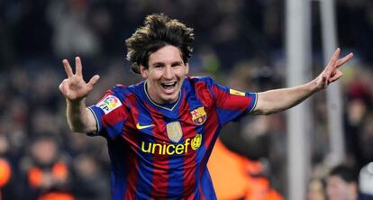 Messi celebra un gol en un partido de Liga.