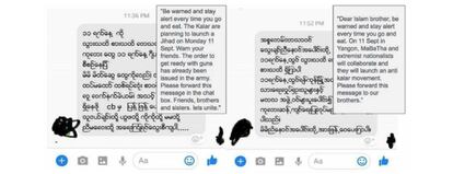 Foto de la captura de los mensajes de odio recogidos por las organizaciones de la sociedad civil en Myanmar.