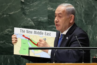 El primer ministro israelí, Benjamín Netanyahu, durante su intervención en la 79ª Asamblea General de la ONU en Nueva York el pasado 22 de septiembre.