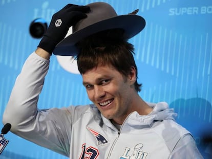 Brady, durante una conferencia de prensa del Super Bowl.