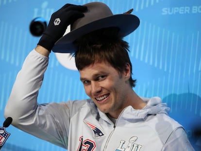 Brady, durante una conferencia de prensa del Super Bowl.