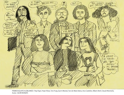 Caricatura de la redacció d'Ajoblanco dibuixada per Quim Monzó.