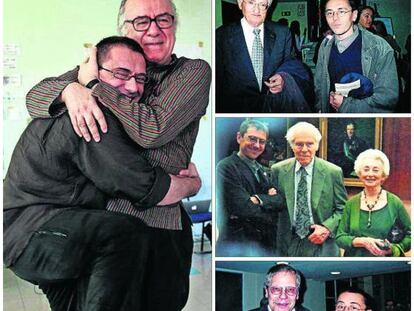 Juan Carlos Monedero tiene numerosas imágenes en su web. A la izquierda, se abraza a Boaventuira Sousa. De arriba abajo, con Jürgen Habermas; con Albert Hirschmann, y con el profesor Claus Offe.
