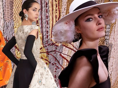 Diseños de Schiaparelli, Balenciaga y Chanel otoño-invierno 2021/2022 con el fondo del desfile de Dior.