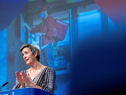 La vicepresidenta ejecutiva de la Comisión Europea, Margrethe Vestager, este miércoles en Bruselas.