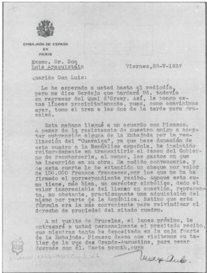 Carta de Max Aub al embajador Luis Araquistáin sobre el pago de los otros 150.000 francos.