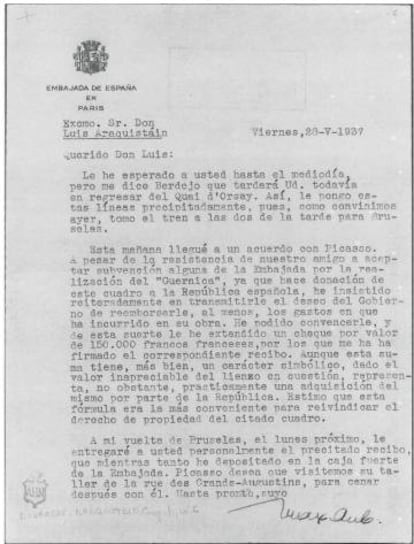 Carta de Max Aub al embajador Luis Araquistáin sobre el pago de los otros 150.000 francos.