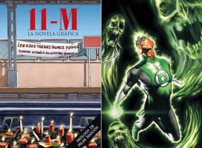 A la izquierda, portada de la novela gráfica 11-M. A la derecha, el personaje Linterna Verde.