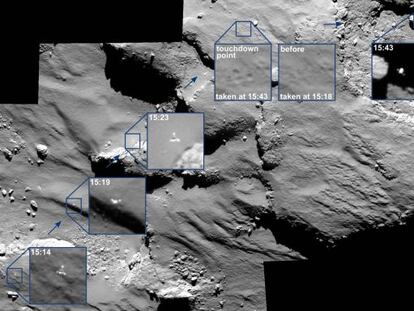 Mosaico de im&aacute;genes, captadas por la nave Rosetta, de los primeros 30 minutos del aterrizaje m&uacute;ltiple de la sonda Philae en el suelo del cometa el 12 de noviembre.