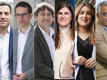 Los candidatos a lehendakari de los partidos con representación parlamentaria: Imanol Pradales (PNV), Pello Otxandiano (EH Bildu), Eneko Andueza (PSE), Miren Gorrotxategi (Podemos), Alba García Martín (Sumar), Javier de Andrés (PP) y Amaia Martínez (Vox).