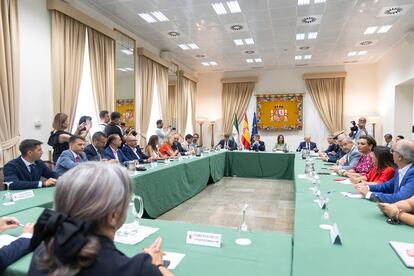 La reunión entre representantes del Ministerio de Transporte y los alcaldes de municipios de las provincias de Cádiz y Málaga para negociar sobre el corredor ferroviario de la Costa del Sol.