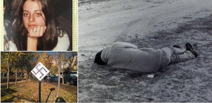 Above left, a portrait of Yolanda González. Right, Yolanda’s body. Below left, the plaque in memory of Yolanda vandalized with a swastika.