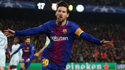 Messi celebra su gol número 100, este miércoles.