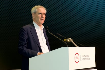 Michael Ignatieff, durante su conferencia en la fundación sobre 'Democracia en las urnas', el 14 de mayo de 2024.