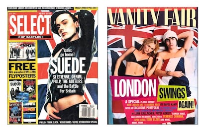 Entre 1993 y 1996, las portadas de la prensa musical y de estilo de vida británica se llenaron de banderas. En las imágenes, Brett Anderson en ‘Select’ y Liam Gallagher junto a Patsy Kensit en ‘Vanity Fair’.