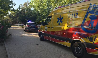 Un coche de la Policía Nacional y una ambulancia del Samur, en el lugar del crimen.