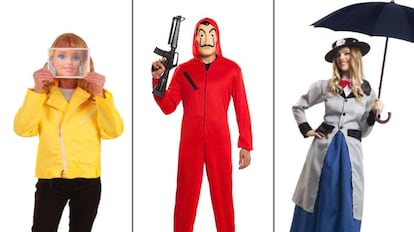 De izquierda a derecha: disfraz de La Vecina Rubia, atracador de 'La Casa de Papel' y traje inspirado en Mary Poppins