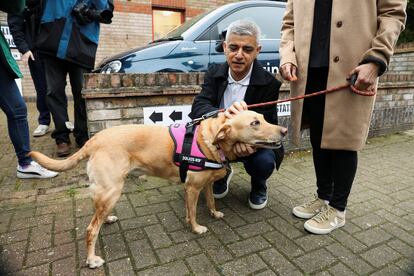 El alcalde laborista de londres, Sadiq Kahn, acaricia a su perra Luna a las puertas de un colegio electoral, este jueves