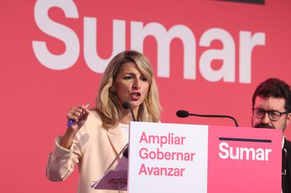 La líder de Sumar y vicepresidenta segunda del Gobierno en funciones, Yolanda Díaz, en un acto de su formación este sábado en Madrid.