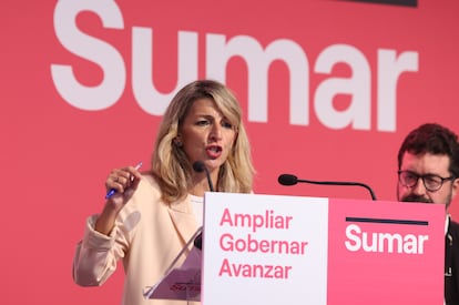 La líder de Sumar, Yolanda Díaz, este sábado durante su intervención ante los inscritos desu formación en Madrid.