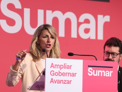 La líder de Sumar, Yolanda Díaz, este sábado durante su intervención ante los inscritos desu formación en Madrid.