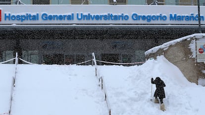 The entrance to the Gregorio Marañon hospital in Madrid covered in snow due to Storm Filomena.