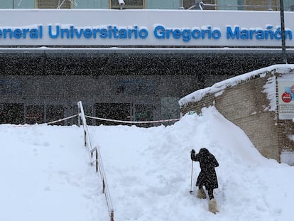 The entrance to the Gregorio Marañon hospital in Madrid covered in snow due to Storm Filomena.