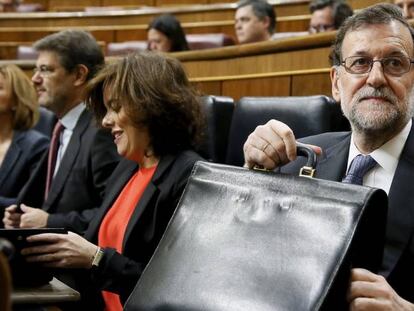 El presidente del Gobierno, Mariano Rajoy, en el hemiciclo del Congreso de los Diputados este mi&eacute;rcoles.