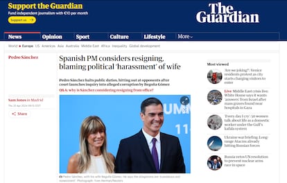 Captura de pantalla de la noticia de la posible dimisión de Sánchez publicada por el diario británico 'The Guardian'.