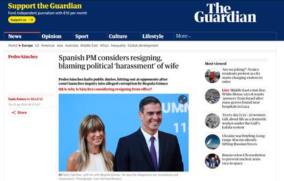 Captura de pantalla de la noticia de la posible dimisión de Sánchez publicada por el diario británico 'The Guardian'.