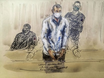 Dibujo de Salah Abdeslam durante su comparecencia en el proceso, el pasado miércoles.