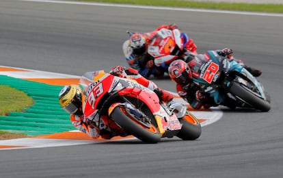 Márquez, Quartararo y Miller, en la última carrera de MotoGP, en Valencia en noviembre del 2019.