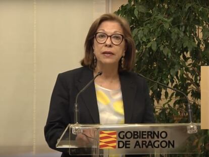 La consejera de Sanidad de Aragón, Pilar Ventura, durante una rueda de prensa este martes.